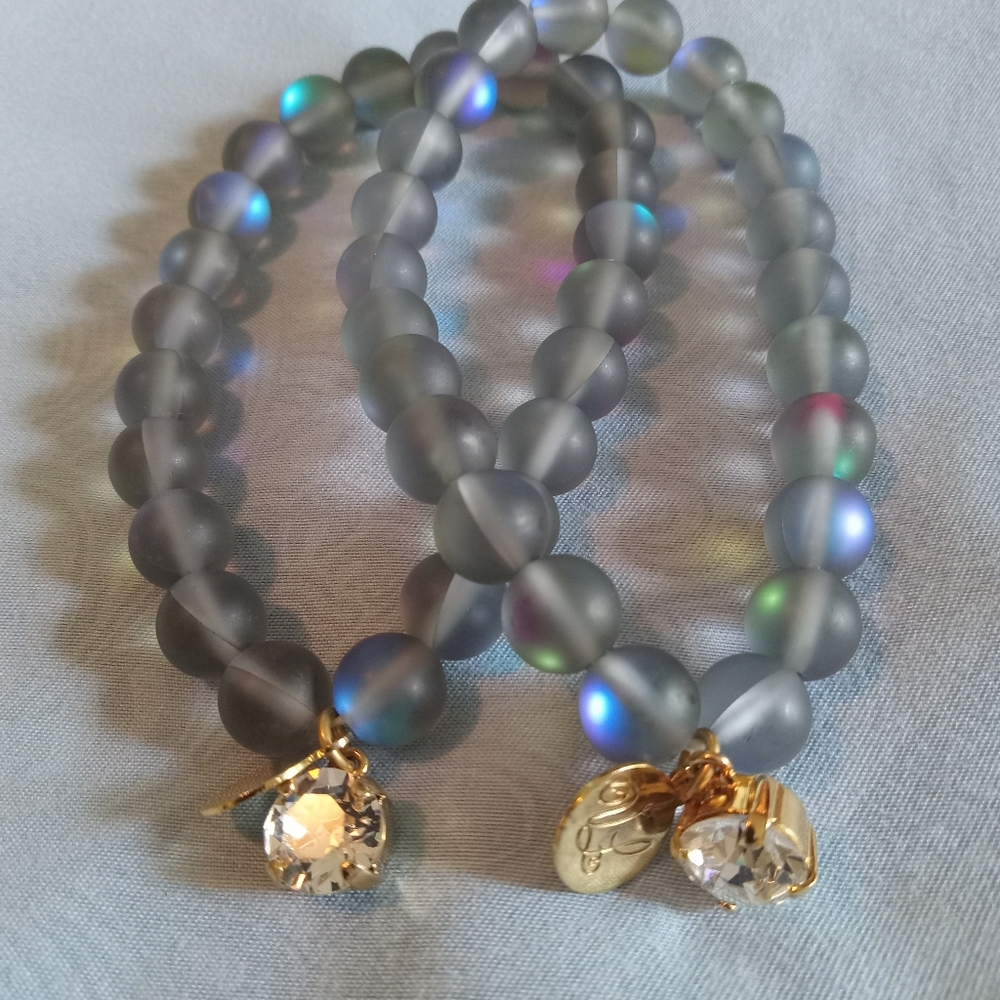 Two blue moonstone Swarovskicrystal stretch bracelets
